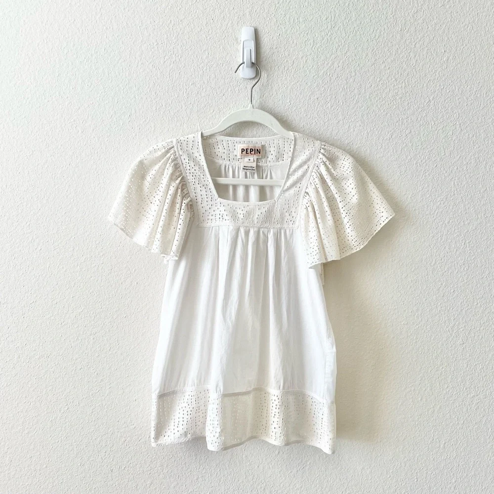 SOLD Anthropologie Pepin Eyelet Trim Blouse in Cream Size Small